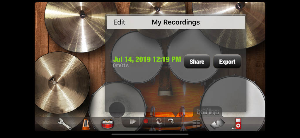 Rockin' Drums - Pantalla de grabaciones de Rockin Drums con opciones para compartir y exportar