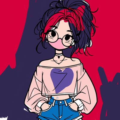 girl with a messy ponytail glasses a baggy crop top and jean shorts