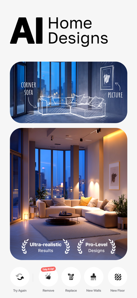 Transformación de un boceto de sala de estar en un interior realista diseñado por IA con muebles e iluminación profesional