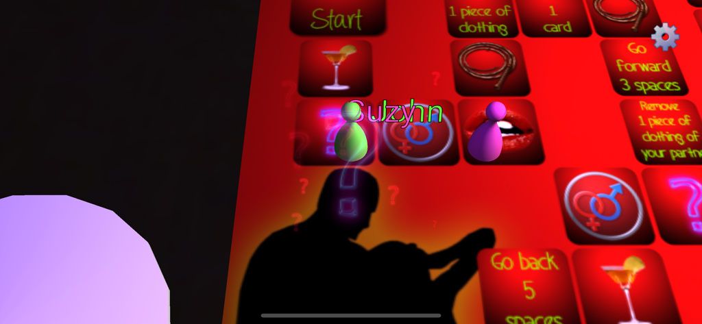 Sex Game: Unlimited Pleasure! - Interface de jeu de société numérique pour couples avec des tuiles rouges et des défis romantiques.