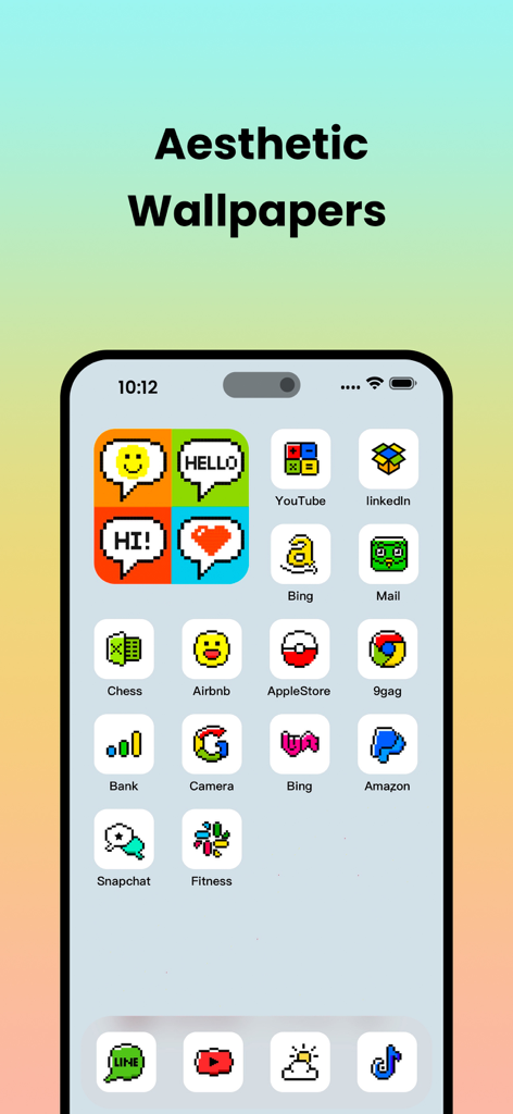 Theme Store - Theme Changer - iPhone home screen with retro pixel art app icons and a speech bubble widget.