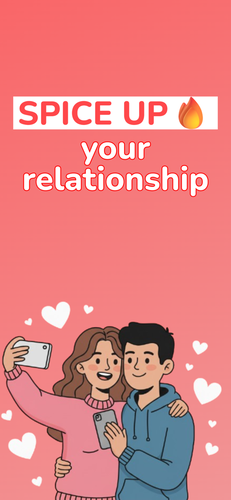 Ilustración de una pareja tomándose una selfie con corazones y el texto Dale chispa a tu relación