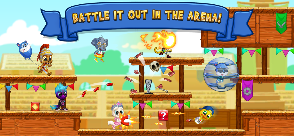 Cartoon animal characters using power-ups to battle in the Fun Run 3 multiplayer arena