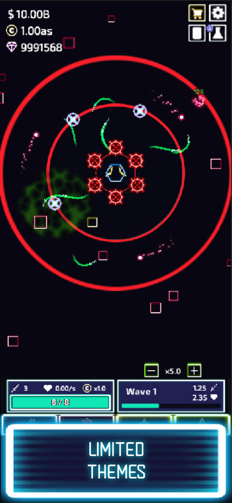 The Tower - Idle Tower Defense - Jeu minimaliste de The Tower montrant des défenses circulaires et une bannière de thèmes limitée