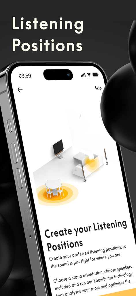 Interfaz de la aplicación Bang and Olufsen para crear posiciones de escucha personalizadas en un diseño de habitación 3D