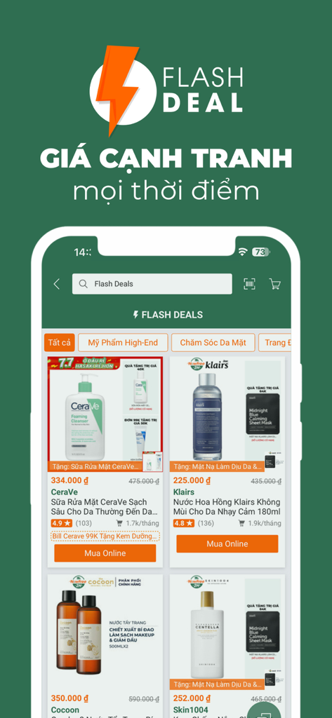 Interface do aplicativo Hasaki mostrando ofertas relâmpago de produtos de cuidados com a pele com preços com desconto