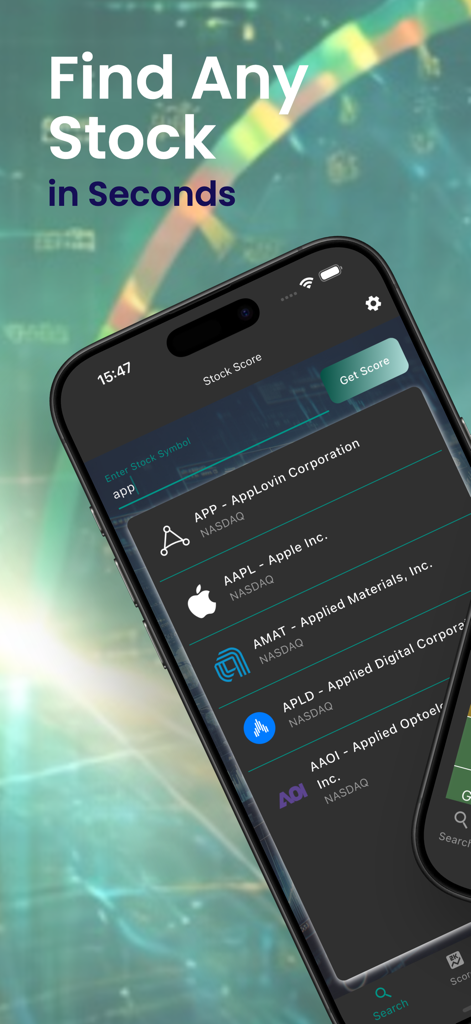 Stock Score - Interfaz de búsqueda de la aplicación Stock Score que muestra una lista de acciones como Apple y AppLovin