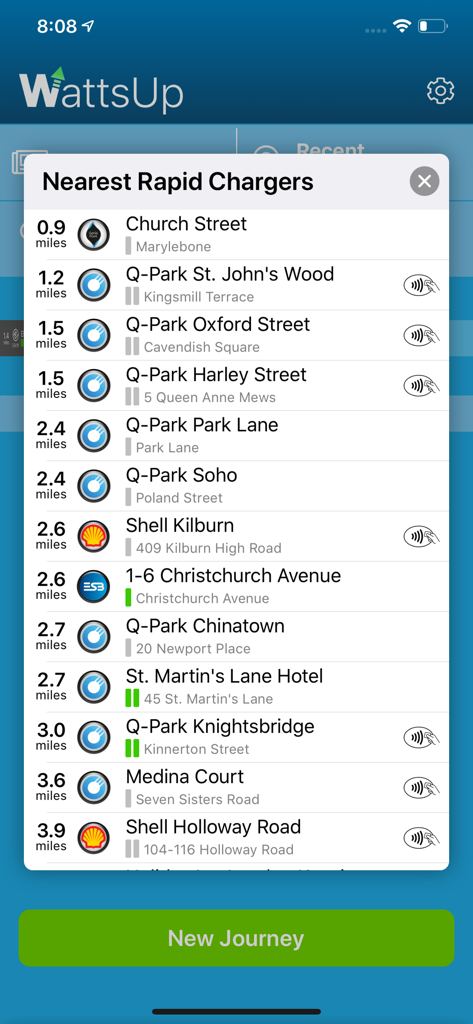 A list of the nearest rapid electric vehicle charging stations with distances and network logos in the WattsUp app.