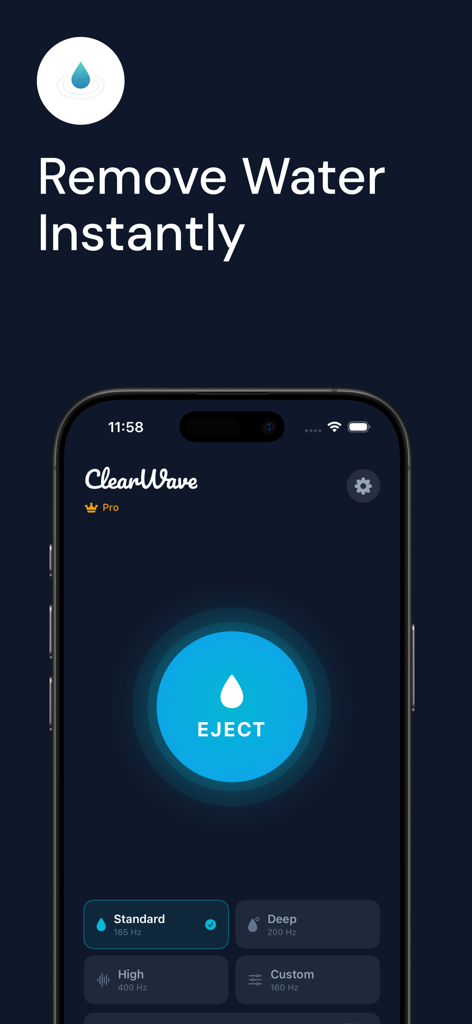 Clear Wave: Eject Water - Clear Waveアプリのインターフェース。中央の水排出ボタンと音響周波数クリーニングモードが表示されています。