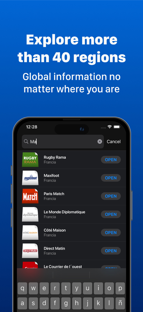 Italian Newspapers app search interface showing a list of global magazines and regional news options