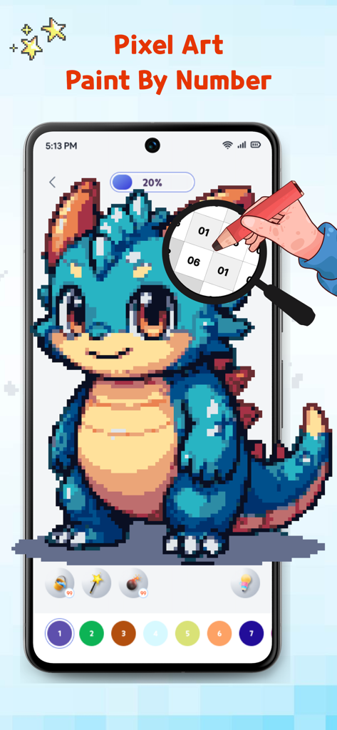 Pixel Art: Paint by Number - Interfaccia dell'app mobile di Pixel Art Paint by Number che mostra un simpatico drago blu pixelato che viene colorato da pixel numerati