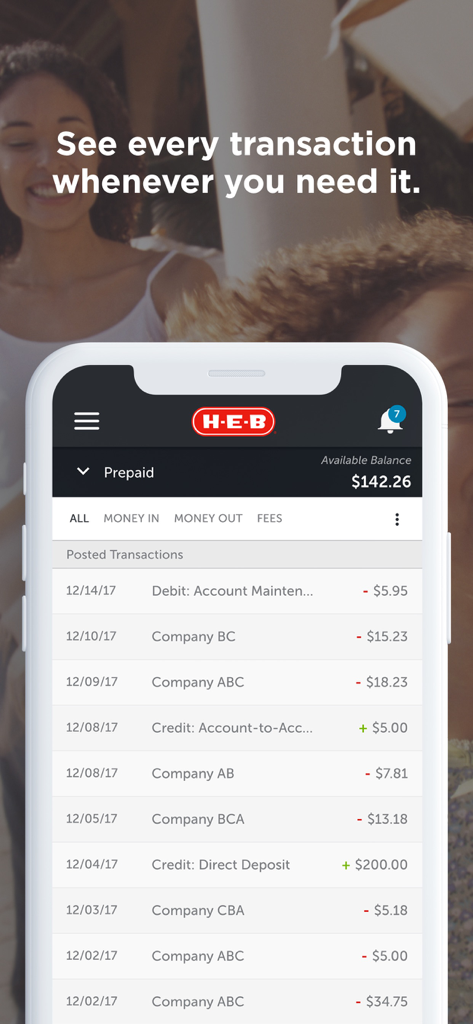 H-E-B Prepaid app interface showing a list of recent transactions and account balance