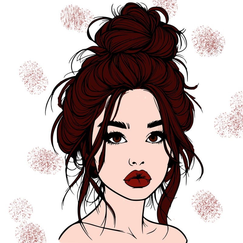 realistic girl with a messy bun and she has lips