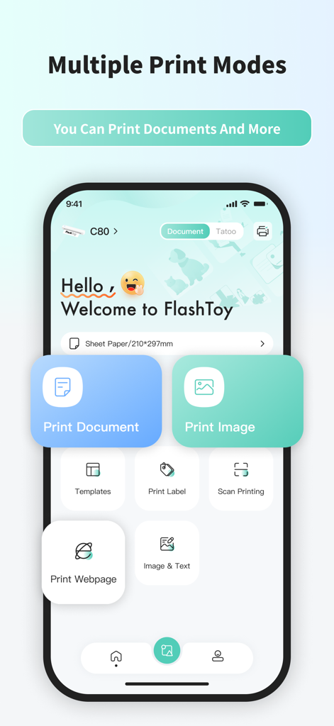 Panel de la aplicación móvil FlashToy que muestra múltiples opciones de impresión como documentos e imágenes