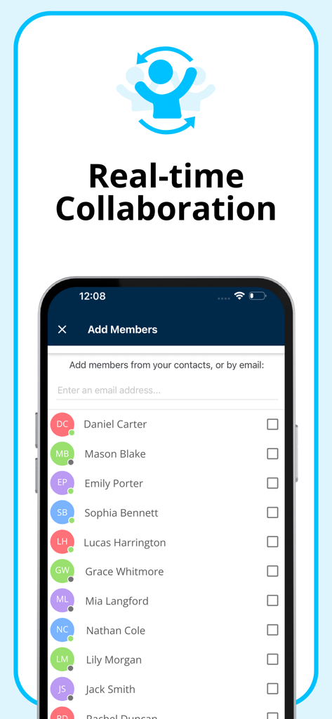 AYOA - Mind Mapping - AYOA app screen showing real-time collaboration with a list of team members to add to a project