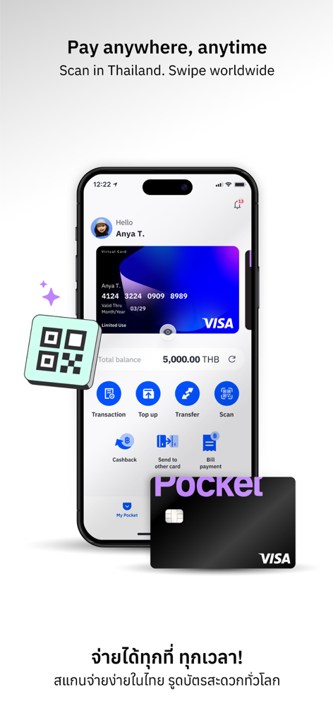 DeepPocket - DeepPocket mobile app dashboard showing a virtual Visa card and payment features
