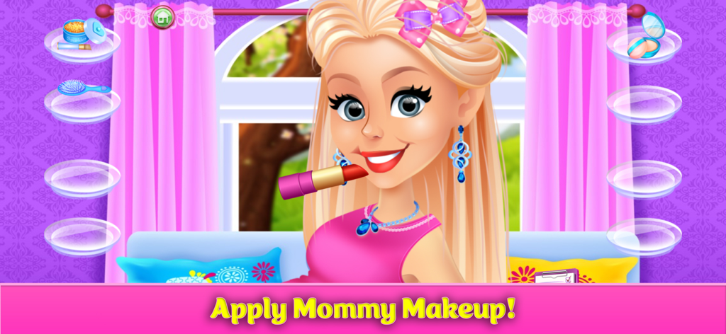 Mommy & Baby Games: Newborn - Eine Cartoon-Frau erhält ein Lippenstift-Make-up in der App Mommy and Baby Games