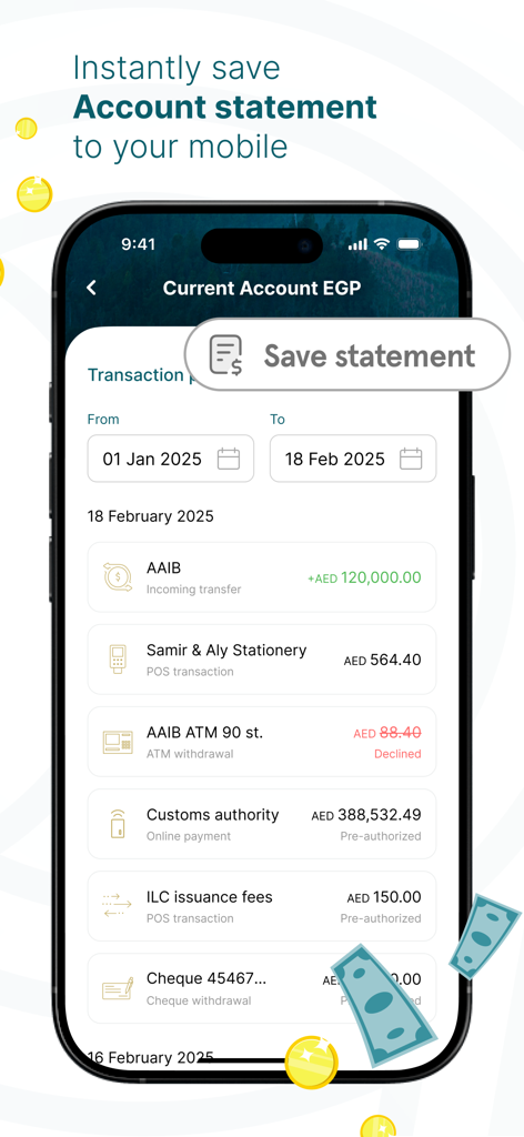 Screenshot of the AAIB Business mobile app showing a transaction history and the option to save an account statement.