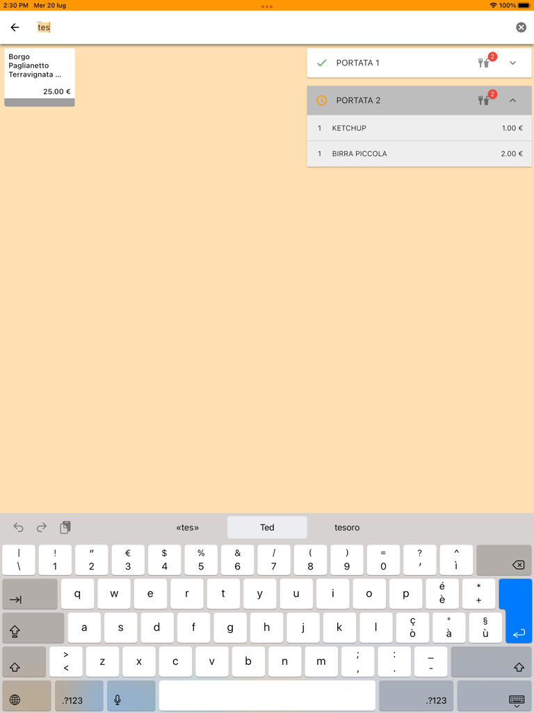Interfaz TPV para iPad Tavolinux 3 que muestra los cursos del pedido y la facturación detallada