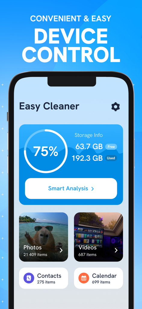 Panel de la aplicación Easy Clean mostrando un 75 por ciento de uso de almacenamiento y opciones de limpieza para fotos, videos, contactos y calendario.