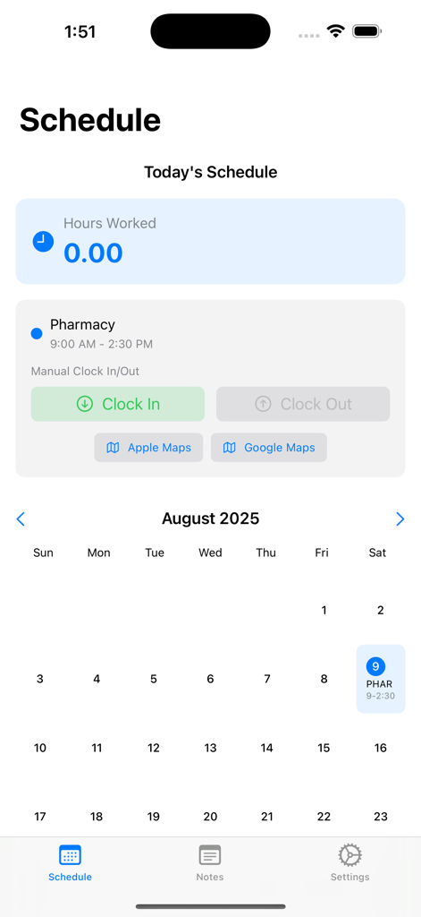 Simple Shifts - Simple Shifts app interface showing a work schedule with calendar and manual clock in buttons.