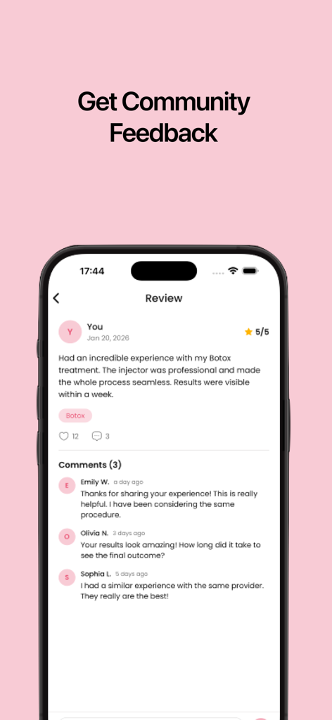 Aesthetic Valley - Aesthetic Valley mobile app screen displaying a user review for a Botox treatment with a community comments section below.