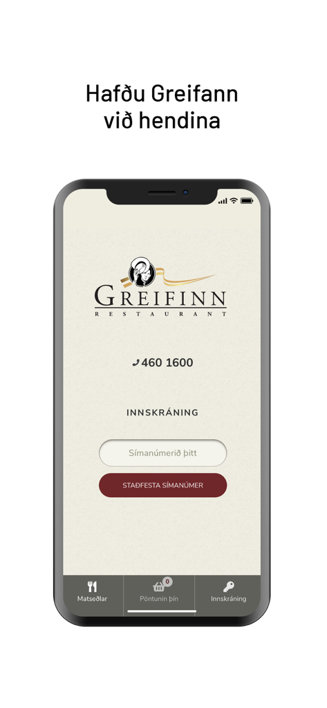 Greifinn - Greifinn restaurant mobile app login screen with phone number verification