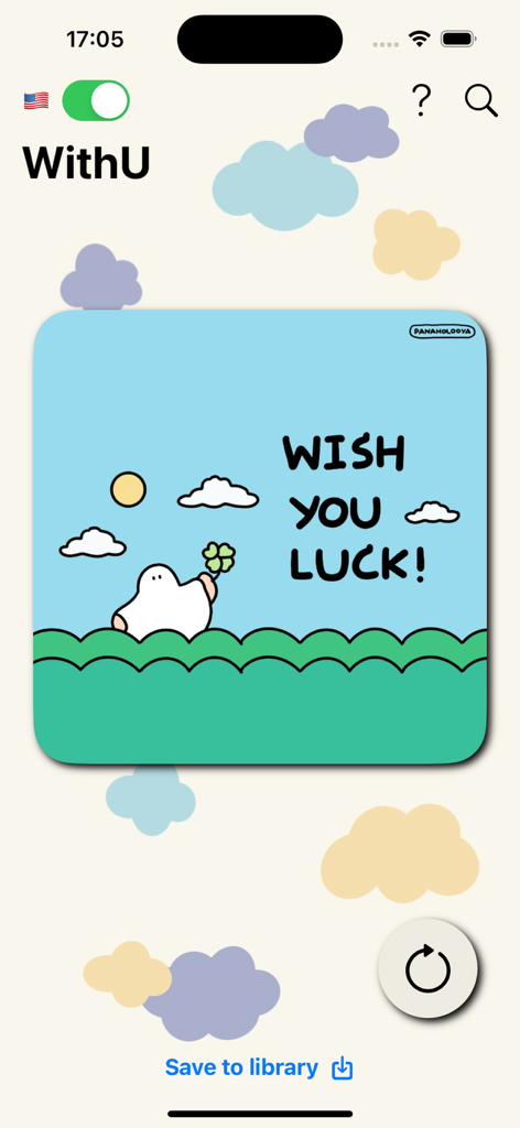 WithU - Home screen of the WithU app displaying a cute hand drawn character holding a clover with a Wish You Luck quote