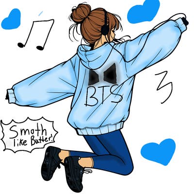 realistic girl jumping with a bun and oversized sweatshirt