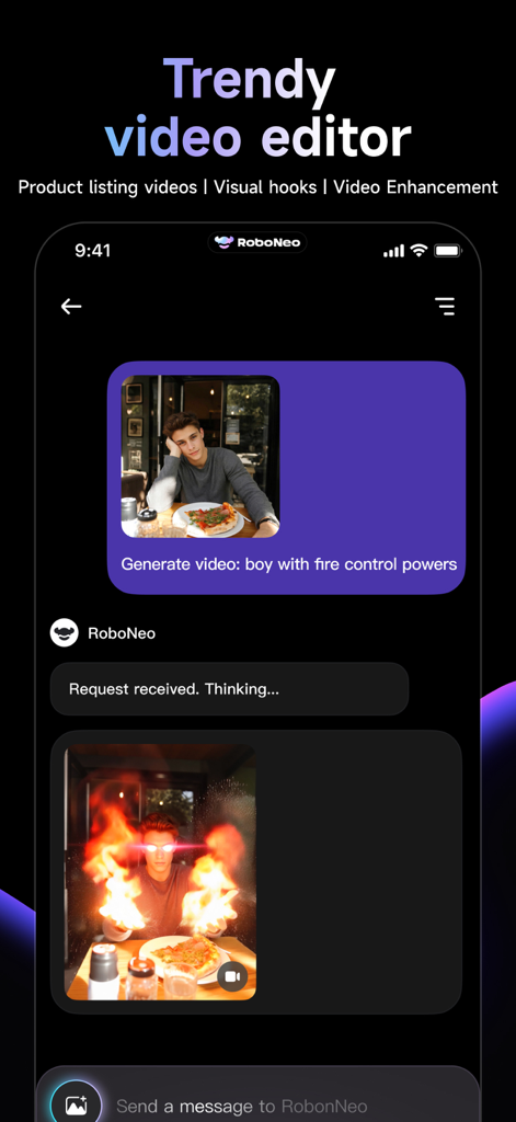 Interface de chat do aplicativo RoboNeo mostrando um usuário solicitando a geração de um vídeo com efeitos de fogo usando IA em linguagem natural