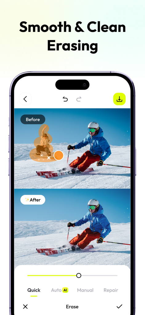 AnyEraser: Remove Objects AI - Comparación que muestra el antes y el después de eliminar a una persona no deseada de una foto de esquí usando herramientas de borrado con IA.