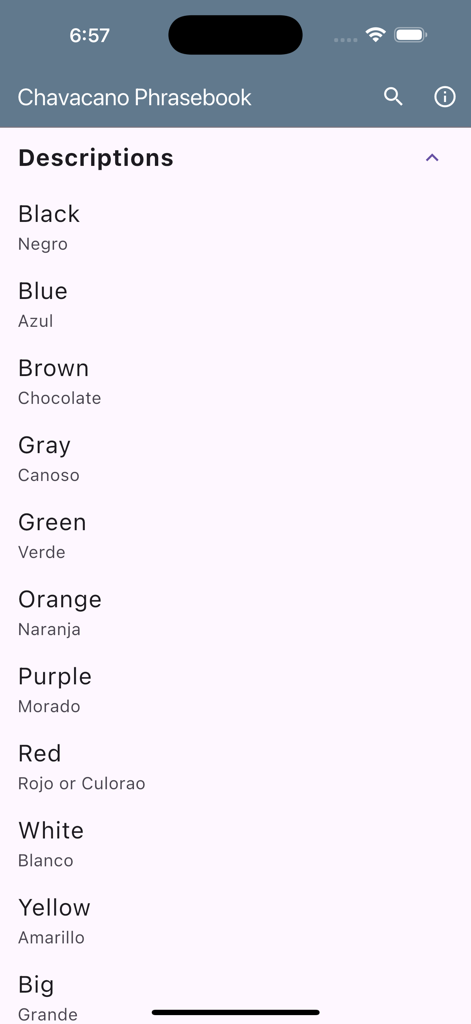 Chavacano Phrasebook - English to Chavacano translations for various colors in the Chavacano Phrasebook app