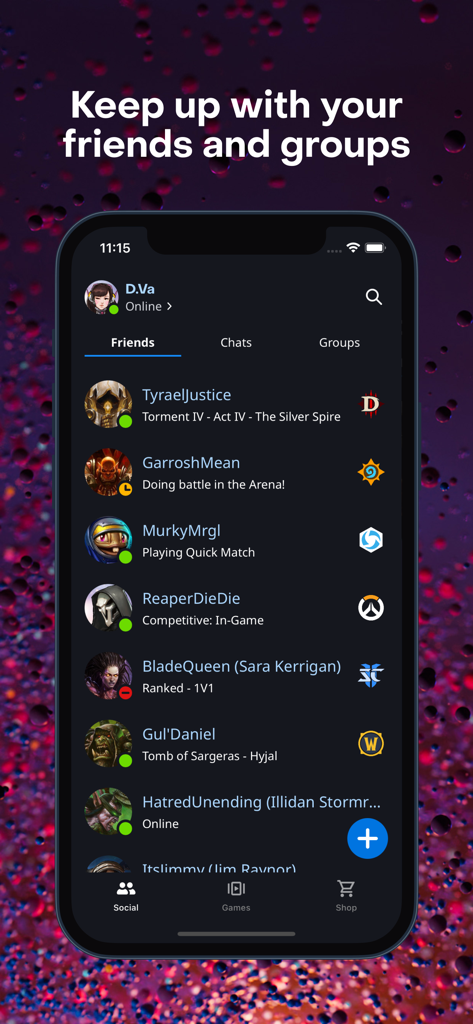 Battle.net - Battle.net mobile app friends list showing current online gaming activity