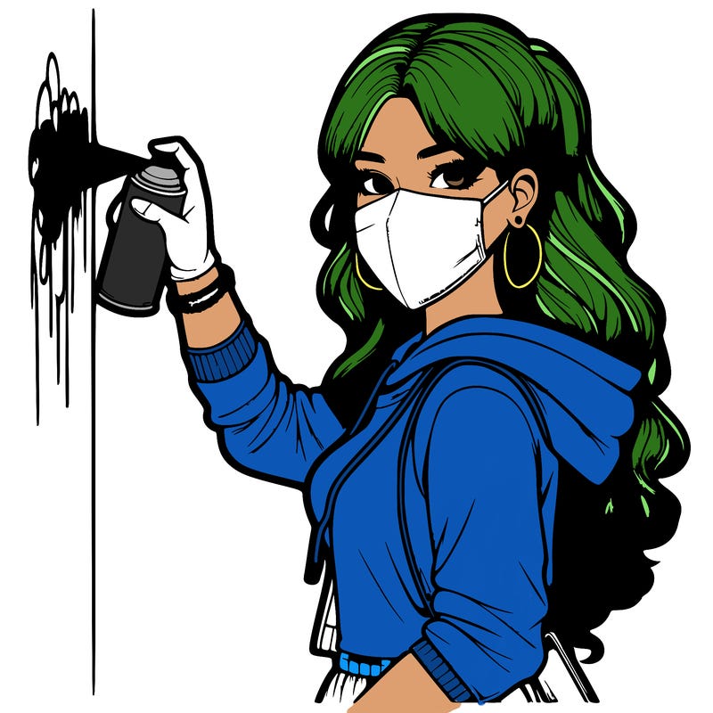 realistic girl with mask spray painting a wall