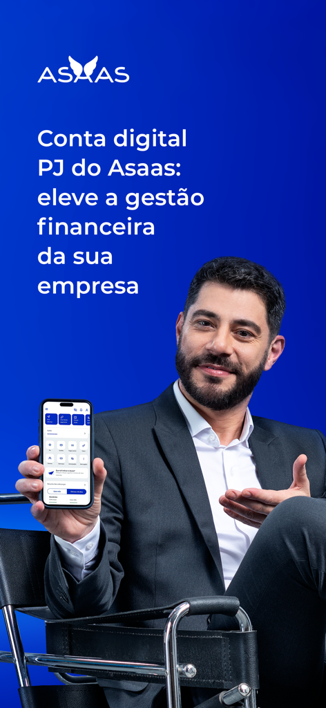 Businessman holding a smartphone showing the Asaas digital business account interface