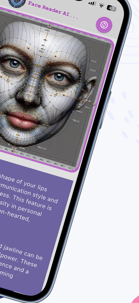 Face Reader AI: Insights - Interface of Face Reader AI app showing a detailed digital facial map and personality trait analysis text