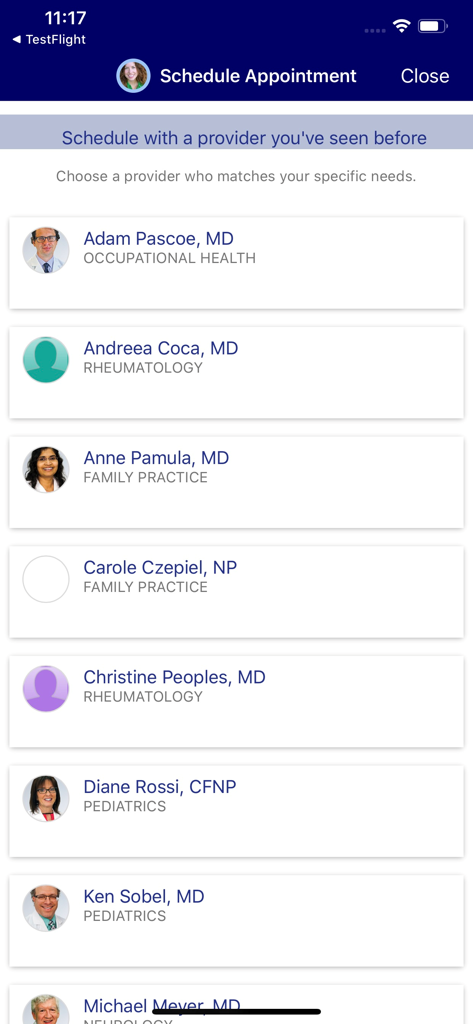 eGuthrie - A list of medical providers for scheduling appointments in the eGuthrie mobile app