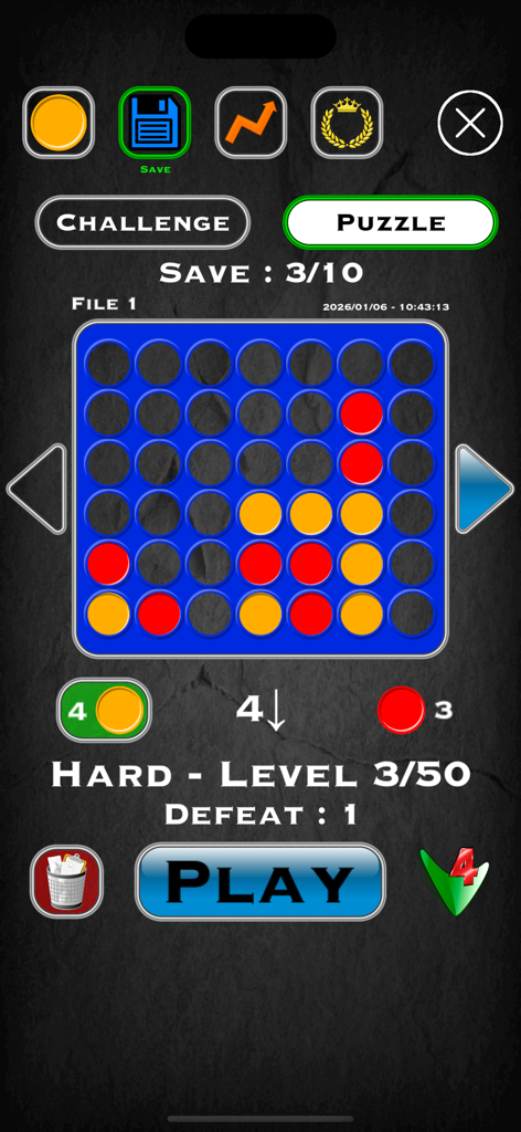 4 In A Row board game puzzle mode screen showing a game grid and hard level difficulty