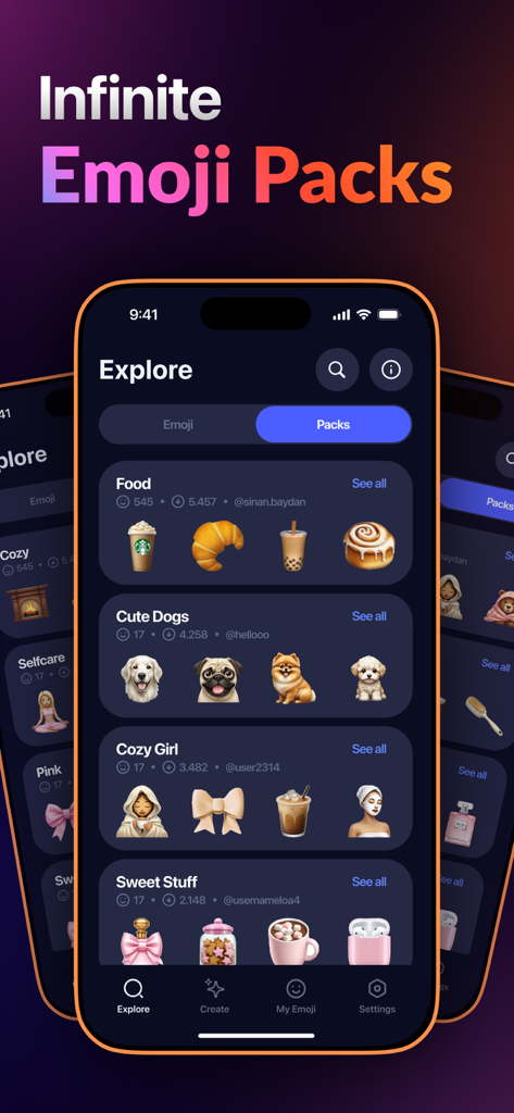 Explore screen of Gmoji app showing curated emoji packs for different categories