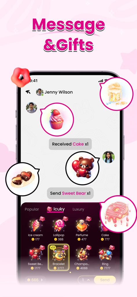 Tovio-Subculture Chat, Video - Una pantalla de aplicación móvil que muestra una interfaz de chat con iconos de regalos virtuales y un menú de selección de recompensas digitales.