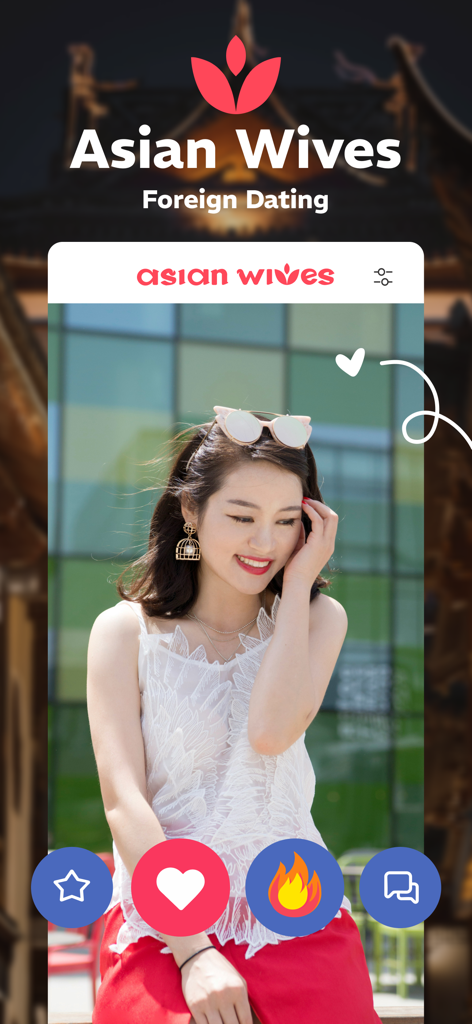 Asian Wives - Online Dating - Interface of the Asian Wives dating app showing a profile of a smiling woman with interactive icons