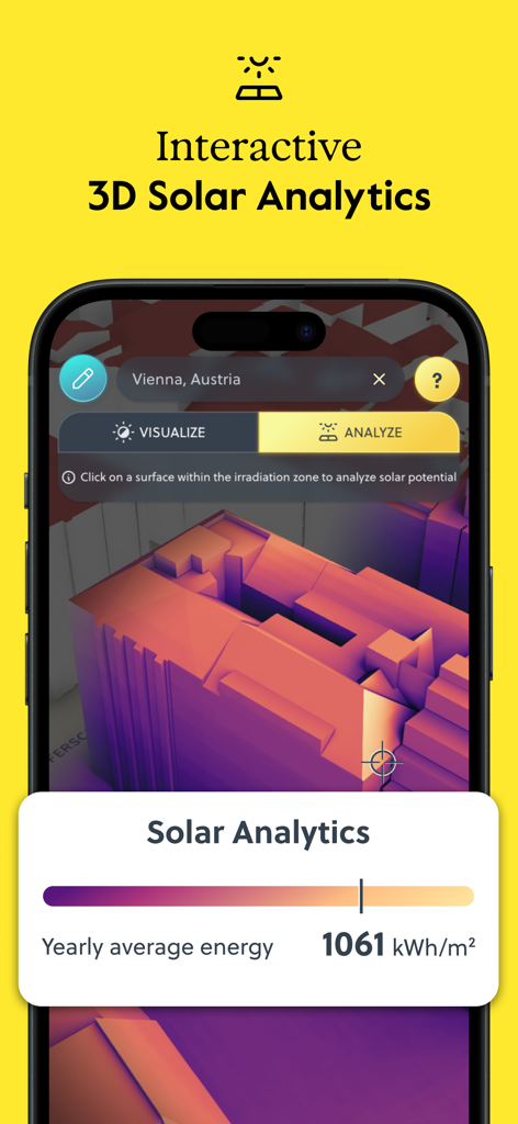 Shadowmap: Solar Intelligence - Interface of Shadowmap app showing interactive 3D solar analytics and yearly average energy calculation for buildings