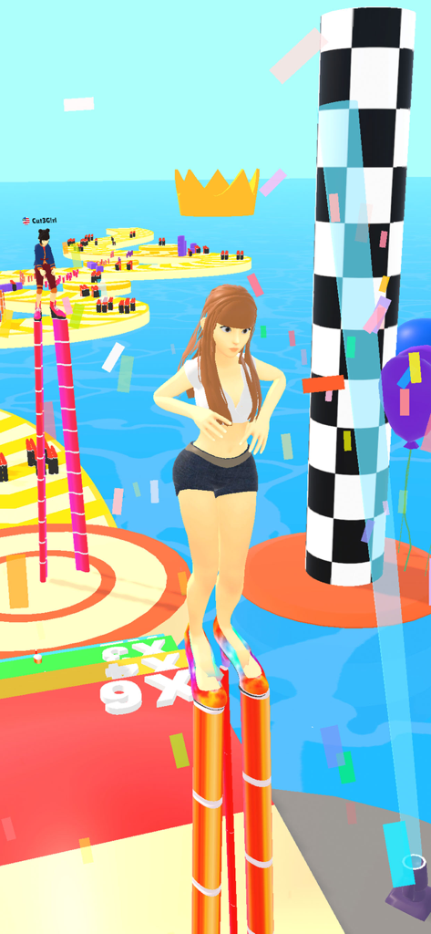 High heels - Running girl game - A character in high heels stands on a victory podium with confetti and a checkered tower