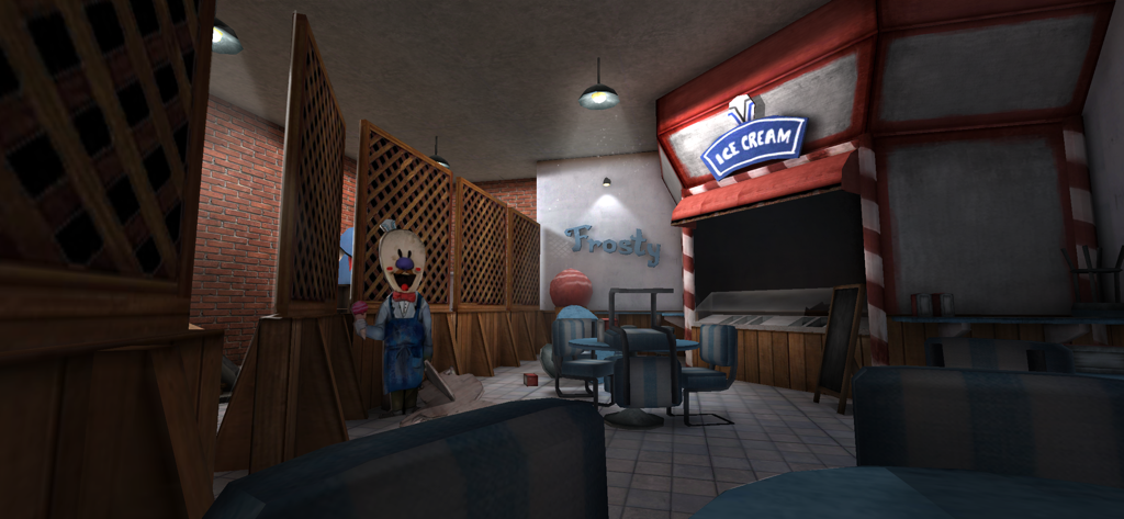 Ice Scream 4: Rods Factory - 모바일 게임 아이스크림 4의 로드 공장 안, 으스스한 아이스크림 가게 장면