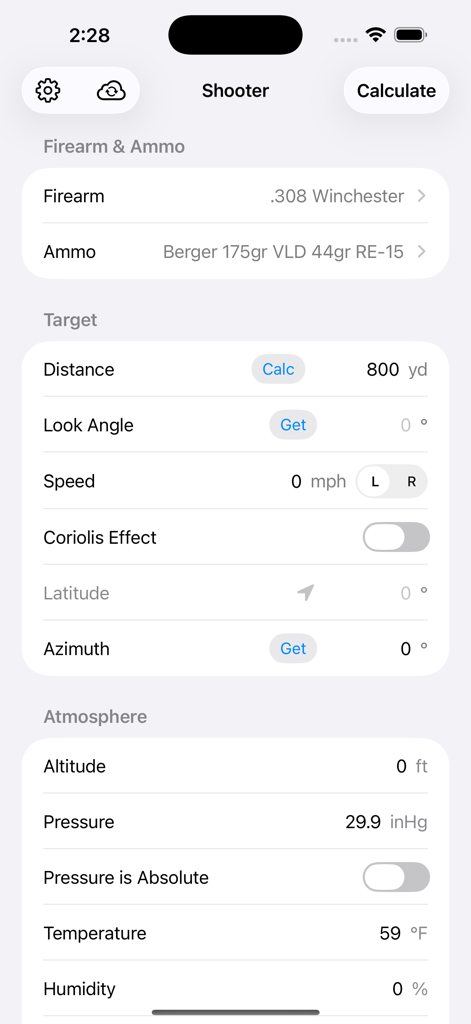 Shooter ballistic calculator interface showing data entry for firearm target and atmosphere