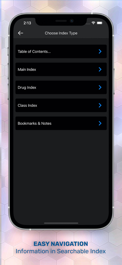 Drugs in Pregnancy Lactation - Tela de menu Escolher Tipo de Índice mostrando opções de navegação para dados de medicamentos médicos
