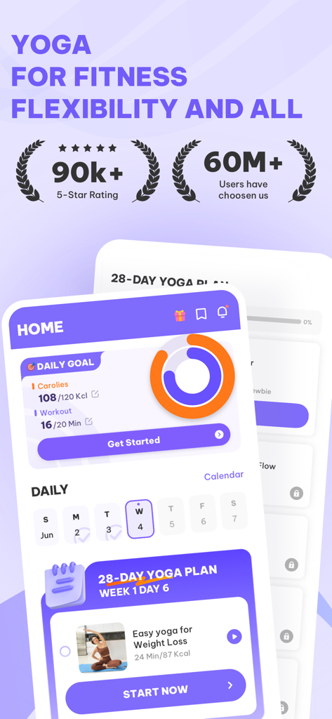 28日間のヨガプランと毎日のフィットネス目標追跡を表示するDaily Yogaアプリのインターフェース