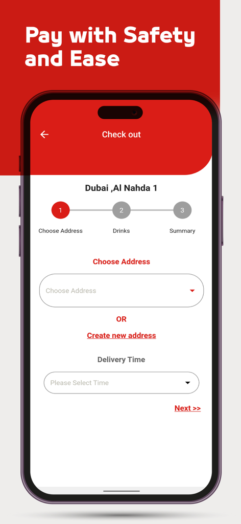 Pantalla de pago de la app del Restaurante Laffah para elegir la dirección y hora de entrega