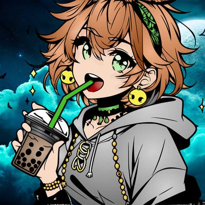 hot baddie anime girl drinking boba and biting the straw