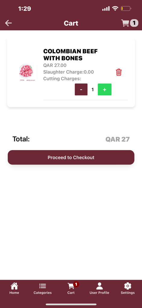 AL ANAAM - AL ANAAM app shopping cart showing Colombian beef with bones and a proceed to checkout button